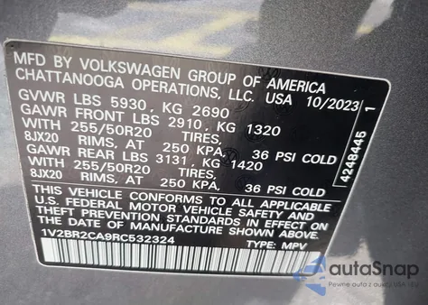 2024 Volkswagen Atlas 2.0T Sel z USA, uszkodzony, nr VIN 1V2BR2CA9RC532324